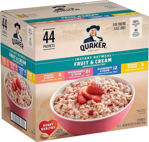 Quaker Instant Oatmeal Fruit & Cream Variety Pack, Single Serve Packets,(44 Pack)